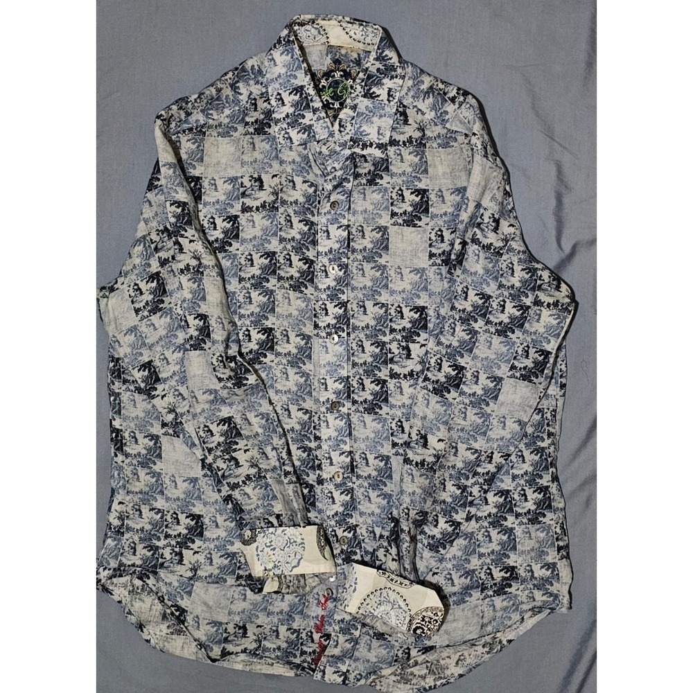 Robert Graham‎ Linen Shirt Mens Medium White Blue Abstract Button Up Flip Cuff